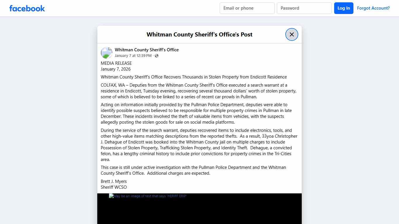 MEDIA RELEASE January 7,... - Whitman County Sheriff's Office Facebook